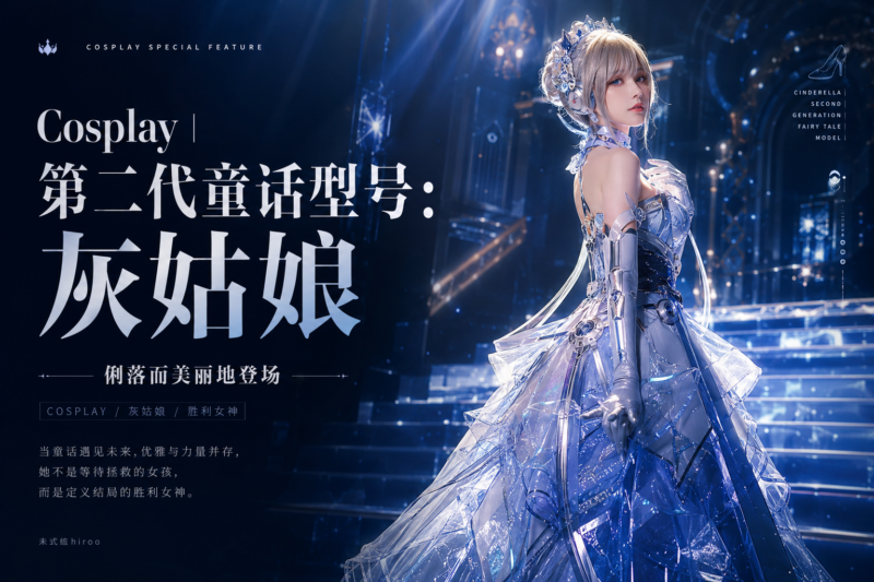灰姑娘主题的角色扮演海报：蓝白礼服的少女站在台阶上回眸，标题写着“第二代童话型号：灰姑娘”。